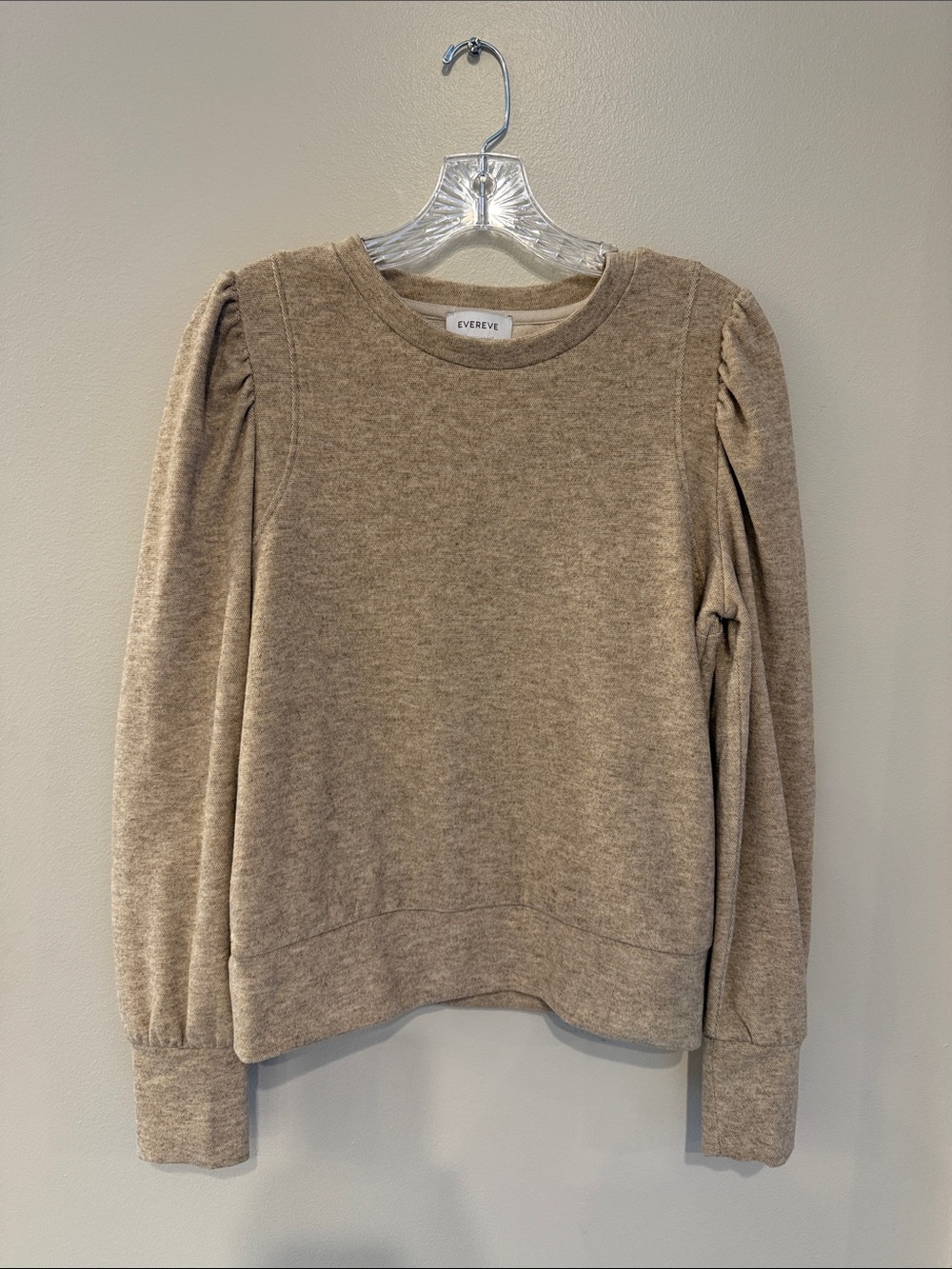 Evereve Neutral Taupe Crewneck Sweater with Puff Shoulders